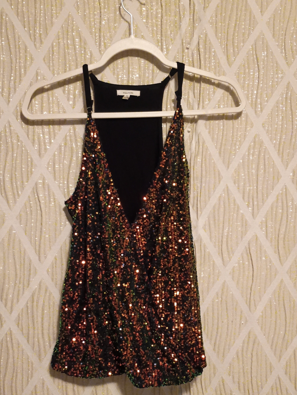 Maurices Black Sequin V-Neck Cami with Copper and Green Sparkle